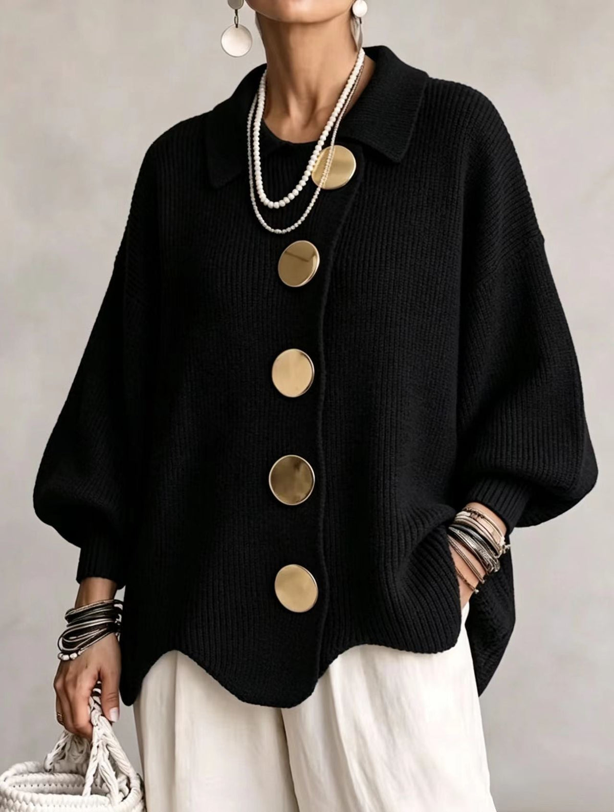 MABEL | OVERSIZED GOLD BUTTON CARDIGAN